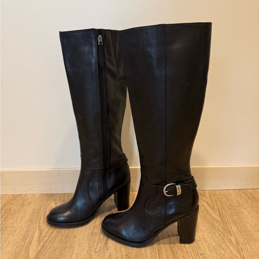 Womens Franco Sarto Tall Black Leather Boots – Block Heel Size 7